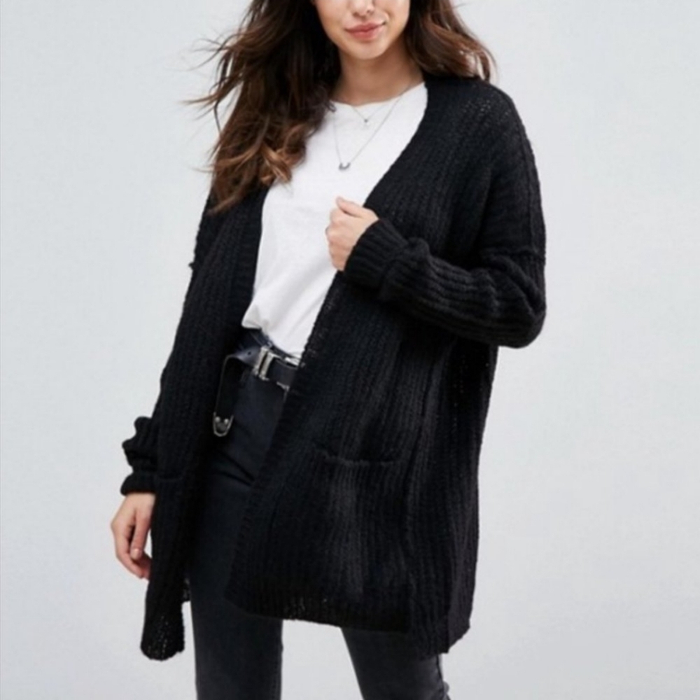 Free People Weekend Getaway Alpaca Open Front Black Soft Eyelash Knit Cardigan L